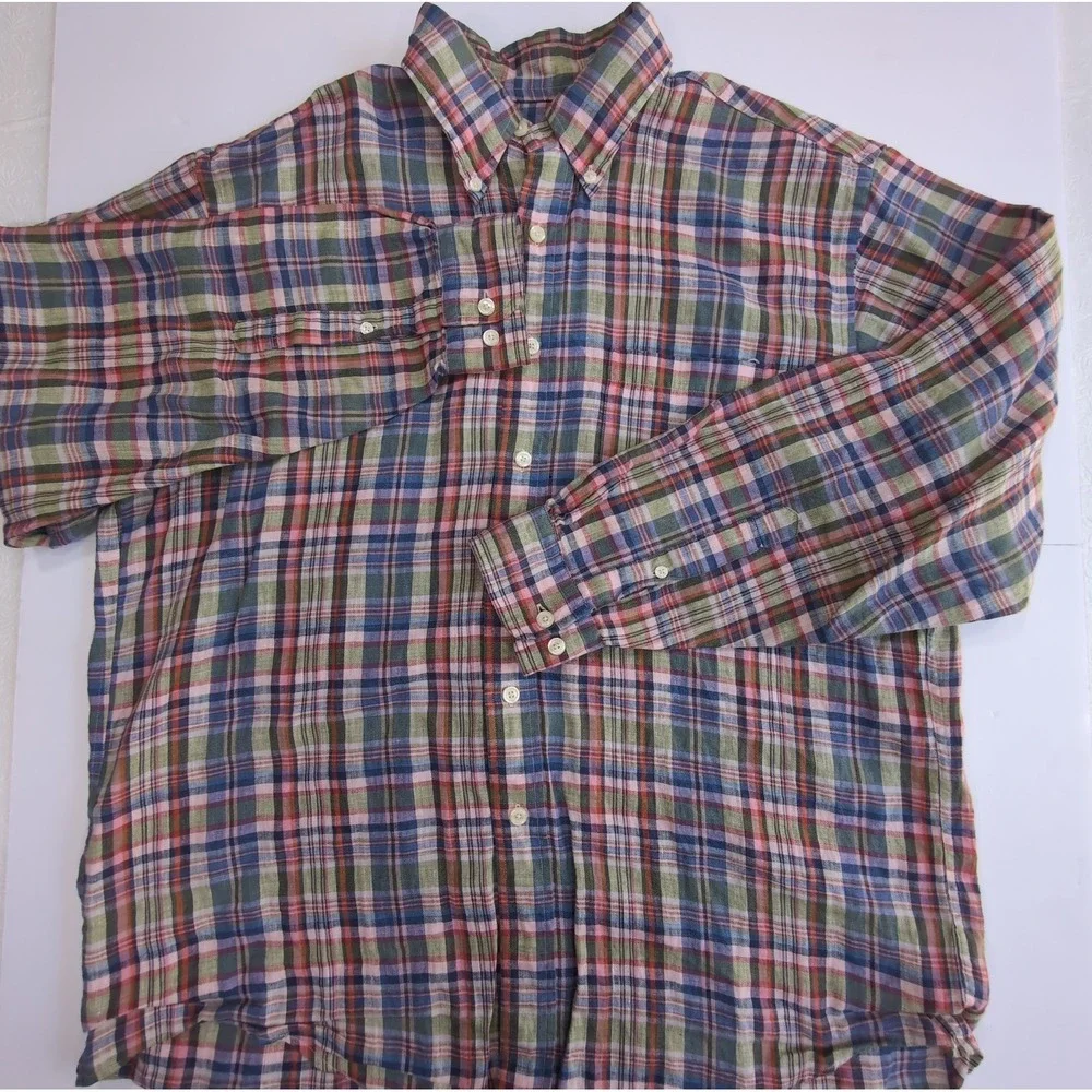 Brooks Brothers 1818 Irish Linen Plaid Shirt Mens L  AS IS READ Underarm Hole